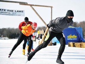 SKATE THE LAKE
ALANAH DUFFY The Recorder and Times
Frank Cherry of Verdon, Quebec leads a pack while skating the 50-kilometre run during the weekend's Skate the Lake event held in Portland.