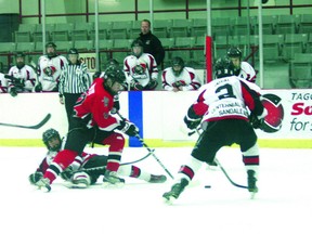 Devon Krolyk of the Bantam AA Thistles gains the blueline in Eastman AA Bantam Hockey League action against Seine River during regular season play. The Thistles and Seine River will play the championship series beginning Saturday, Feb. 23, 2013 at noon in Kenora.
FILE PHOTO/Daily Miner and News