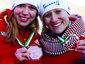 Chelsea Valois, left, with team mate Kaillie Humphries