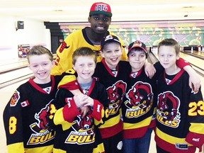 Belleville Bulls goalie Malcolm Subban made at least five new friends at the annual Bowling with the Bulls Lung Association fundraiser held recently at Quinte Bowl. From left, are members of the Mix 97/Goldfarb Graphix atom major select Belleville Jr. Bulls: Nicholas Terhaar, Kaiden Hoecht, Zach Ellis, Nico Roberto and Parker Simpson. (Photo submitted)