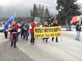 Protesters for the Idle No More movement march through Banff on Monday. It was one of several protests held around the world on Jan. 28, the day MPs returned to the House of Commons. LARISSA BARLOW/ BANFF CRAG & CANYON/ QMI AGENCY