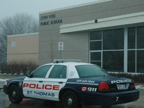 A St. Thomas police cruiser outside John Wise Public School early Tuesday afternoon. Police received information involving a family dispute which involved potential threats to other family members and requested the school lock its doors against outsiders. Nobody was harmed as a result of the incident. (Nick Lypaczewski Times-Journal)