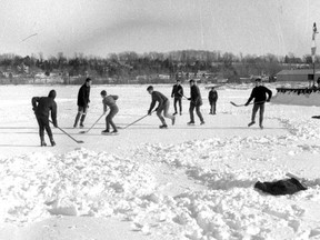 A game of ice hockey on Colpoy's Bay around 1970