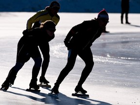 Speed skaters participate in a 50 kilometre marathon race held at William Hawrelak Park, in Edmonton, Alberta, on Feb. 20, 2012, during the Silver Skate Festival. IAN KUCERAK/QMI AGENCY