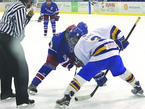 The Midget AAA Rangers face off against the Leduc Riggers on Jan. 19. Last weekend lent the Rangers a break, as they prepared for their final four games of the season.
Photo by Aaron Taylor/Fort Saskatchewan Record/QMI Agency