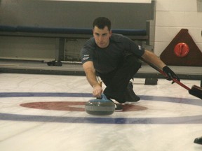 Brent Hamilton CHRIS SIMNETT/AIRDRIE ECHO
Brent Hamilton during a recent Airdrie Super League game. Hamilton will compete at next week’s provincials with Matt Blandford’s rink while Aaron Sluchinski, left, also qualified for the provincials playing third for his brother Justin.