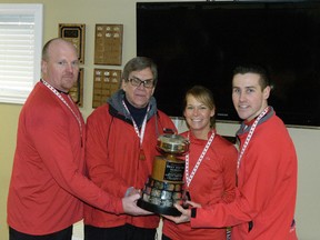 Cornwall's Matt Dupuis (at far right) skipped a team to the Ontario Police Curling Association championship in Midland. Teammates are from left :Rick Marcil (lead, Ottawa Police Service), Gerry Chartrand (third, Ottawa RCMP) and Shelley Van Erp (second, Parry Sound OPP).
Submitted photo