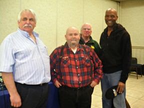 GLEN SILVERTHORN, for The Expositor

Michael Maguire (left), Jeremiah Budnark, Eric Bower and Vern Payne pose for a photo at Brantford Open Stage at the Best Western-Brant Park Inn.