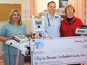 The Timmins and District Hospital Foundation managed to raise a whopping $55,545 thanks to its Christmas Card campaign and the generosity of residents throughout the Northeast region. The funds were used to buy desperately needed hospital equipment, namely a digital anesthetic pump, digital tourniquets and a bladder scanner. Pictured with the new equipment and the ceremonial cheque are, from left, TDH operating room co-ordinator Claudette Yungwirth, clinical chief of surgery Dr. Eric Labelle, and the TDH Foundation's chairperson Anne Hannah.