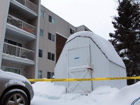Wood Buffalo RCMP have the back area of the 92 Biggs Ave. apartment complex taped off, as the investigation into the sudden death of a 24-year-old female continues. Police are hoping to have autopsy and toxicology results within the next few days. JORDAN THOMPSON/TODAY STAFF