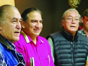 Coun. Greg Agawa (left), Batchewana First Nation Chief Dean Sayers, and Coun. Harvey Bell, pose for photos at a press conference at the Batchewana First Nation Band Office, near Sault Ste. Marie, Ont. on Tuesday, Jan. 29, 2013. The First Nation has filed a $150-million claim with the federal government for compensation for loss of its whitefish fishery on the St. Mary's River.
MICHAEL PURVIS/SAULT STAR/QMI AGENCY