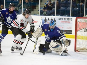 Sarnia Legionnaire Cody Slaght pounced on the rebound but was unable to put the puck past London Nationals goalie Taylor Edwards during the first period of their hockey game at Western Fair Sports Centre. (DEREK RUTTAN, The London Free Press)