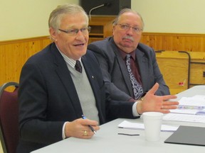 Sarnia-Lambton MPP Bob Bailey, right, and Oxford MPP Ernie Hardeman were part of an agriculture roundtable held with more than 20 local farm leaders Thursday in the Lion's Hall in Petrolia. Hardeman, the Tory agriculture critic, has been holding similar discussions around the province. Sarnia, Ont., Jan. 31, 2013 PAUL MORDEN/THE OBSERVER/QMI AGENCY