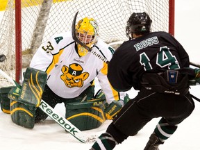 Golden Bears goalie Real Cyr, the reigning CIS goaltender of the year, will be playing his last regular-season games at Clare Drake Arena this weekend. (Codie McLachlan, Edmonton Sun)