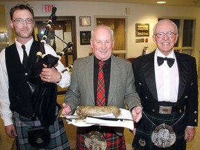 First Presbyterian Church in Seaforth will be hosting a Robbie Burns Dinner on Sat., Jan. 24. In this 2013 file photo, Leading the ceremony were, from left, Piper Jean Paul Searle, Haggis Bearer Hughie Stewart and Jim Bruce, who gave the Address to the Haggis.