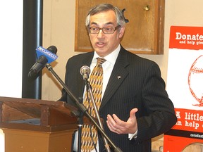 Treasury Board President Tony Clement talks about the federal budget during a pre-budget consultation breakfast meeting held on Friday at the Wallaceburg Legion. The meeting was organized and sponsored by the Wallaceburg Chamber of Commerce. (DAVID GOUGH/ QMI AGENCY)