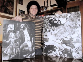 T.J. Brown, 22, displays examples of his charcoal drawings that will be included A Collective of Black Artists: Visual Arts Exhibition for the month of February at the St. Clair College Capitol Theatre, in Chatham, Ont. Photo taken Thursday, Jan. 24, 2013 (ELLWOOD SHREVE, The Chatham Daily News)