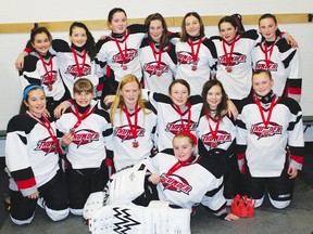 The Ottawa Valley Peewee Thunder Girls BB consists of, in front goalie Shannon O’Grady, kneeling behind from left, Jordan Shields, Mila Jones, Meara Ryan, Keely Patrick, Sophie Warren, and Alyanna Cox. Back from left, Jordan Spence, Lindsay McDonald, Maddy Tomasini, Sarah McIntrye, Kaylie Kuehl, Abbey Perrault-Saunders and Jaiden Smith.