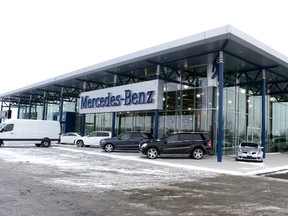 The new $6 million Mercedes-Benz dealership at 35 Southdale Rd. helped boost the value of commercial building permits issued by the city in 2012. Institutional building crashed in 2012. (DEREK RUTTAN, The London Free Press)