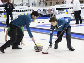 The Maxwell Kirkpatrick rink played during draw eight of the SaskTel Tankard during the afternoon on Friday, February 1, 2013.