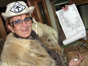 Betty Dee Black of Sarnia, Ont. is off on another epic walk in May, this time to raise money for the St. Joseph's Hospice. During First Friday on Feb. 1, 2013, she was downtown preparing volunteer walkers who will accompany her on the Bruce Trail by handing out maps and pledge sheets.  Black said she plans to raise at least $1 million. (CATHY DOBSON, The Observer)