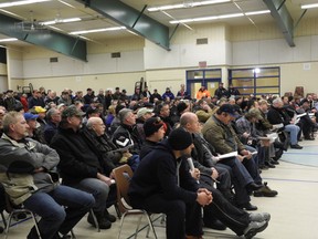 Mine Mill Local 598 members at a meeting called to share the terms of a tentative agreement reached between the union and Xstrata Nickel on Feb. 1. (Laura Stricker photo)