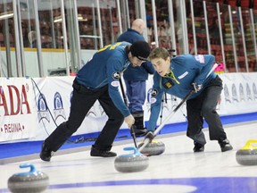 Members of the Kevin Marsh rink sweep a rick in the quarterfinal match-up. Theyface the Brock virtue rink in the semi-final on Sunday, February 3.