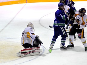 The Sudbury Nickel Barons blanked the Abitibi Eskimos 4-0 at the Jus Jordan Arena on Saturday night. Barons skater Michael Rouleau's shot  beats Jeremy Laux early in the third period.
