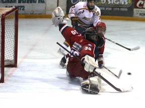 Legion 87's goalie Simon Dietrich makes this great save during Saturday's loss to Sault Ste. Marie