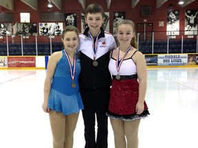 Members of the Kirkland Lake Skating Club participated in the recent James Bay inter-club competition and did very well. In the above photo Abbey Harvey (Junior Bronze Elements), Jacob McGonigal (Open Freeskate), Bianca Godin (Preliminary Freeskate) all placed first in their respective events.