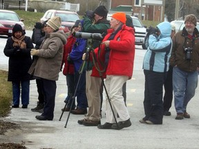 Dave Okines (red coat) set up a scope to give the group a chance to see distant birds more clearly.