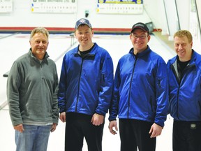 The men's A-side winners at the Portage Curling Club's 125th Anniversary Bonspiel. (Left to right) Ray Tomiak, Jason Manns, Derwyn Hammond, Mark Anderson (Kevin Hirschfield/PORTAGE DAILY GRAPHIC/QMI AGENCY)