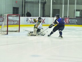 Terriers goaltender Mitch Wiebe makes a save during Saturday's game against Winnipeg. (Clarise Klassen/PORTAGE DAILY GRAPHIC/QMI AGENCY)