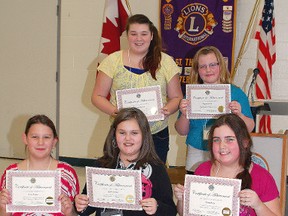 Participants in St. Thomas Lions Club public speaking competition on Saturday, Feb. 2, 2013 show their certificates. Front row: Erika Marks, left, second; Kamryn Bridgett, third; Claire Watts, first. Back row: Jessica Reeves, left, and Megan Gahan, honourable mentions. (Special to QMI Agency)