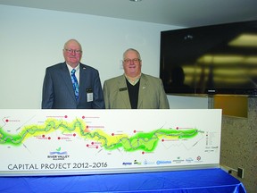 Councillors John Mather (left) and Stew Hennig attended the recent announcement for a $90-million upgrade to the River Valley, with Fort Saskatchewan pitching in $1.1 million.
Photo Supplied