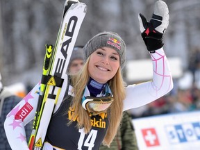 Lindsey Vonn of the U.S. reacts after winning  the World Cup Women's Giant Slalom race in Maribor, Slovenia, Jan. 26, 2013. (REUTERS/Srdjan Zivulovic)