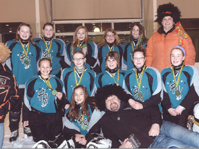 The Portage U14 Thunder won gold at the Queen City Classic in Regina over the weekend. Back row (L to R): Camryn Hanneson, Erica Braden, Sydney Tessier, Randi Roy, Rhae Wishart, assistant coach Rhonda Roy; Middle row (L to R): Head coach Don Lambert, Bailey Grantham, Alyssa Routledge, Madison Lambert, Teagan Hauser, Maggie Muirhead; Front row (L to R): Haley Swidnicki, assistant coach Darryl Tessier; Missing: Morgan Klassen