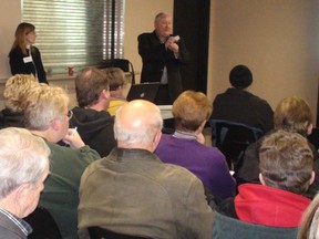 MICHAEL-ALLAN MARION, The Expositor

Melanie Horton, director of land resources with St. Marys Cement, and consultant Glenn Harrington lead a presentation Monday night about an application by the company for a gravel pit licence outside Burford.