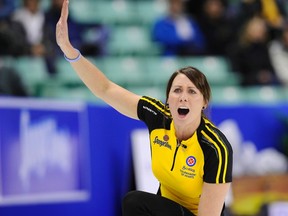 New Brunswick’s Andrea Kelly shouts instructions to her teammates during a draw at the 2012 Scotties Tournament of Hearts women’s curling championship in Red Deer, Alta. Kelly, now known as Andrea Crawford, and her rink qualified Sunday for the 2013 Scotties Tournament of Hearts in Kingston, Feb. 16-24 at the K-Rock Centre. (Reuters file photo)