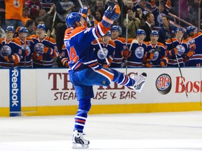 Ryan Smyth celebrated his first goal of the season Monday during the Oilers game against the Vancouver Canucks at Rexall Place. (Amber Bracken, Edmonton Sun)