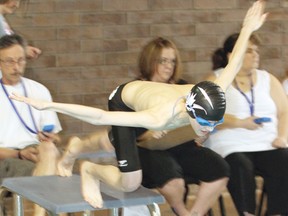 Wetaskiwin Orcas’ Evan Roth plunges into the pool during the obstacle swim event at the Wetaskiwin Chill lifesaving meet Feb. 2.