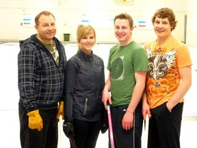 1st event winners of the Farmers and merchants spiel sponsored by Adventure Automotive. Dale Venning defeated Peter Konstapel 6-5.
From left to right: Dale Venning, Morgan Watchorn, Brody and Dylan Venning. (Courtesy: Cheryl Biegel)