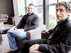 In this file photo, Gabor Mate (right), physician, author and public speaker, is joined by Bill Hill,  community social worker from Six Nations. They  were guest speakers at the Chatham-Kent Mental Health And Addictions Awareness Conference last year. (QMI photo)