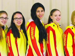 Nunavut curlers (from left to right) Sadie Pinksen, Christianne West, Katie Chislett-Manning, Emily-Grace Matthews and Ottawa coach Lynn Kreviazuk (Canadian Curling Association).