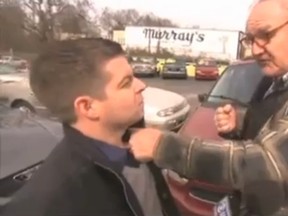 Atlanta News investigative reporter Jeff Chirico was punched in the face while interviewing the father of a businessman. (Screengrab)