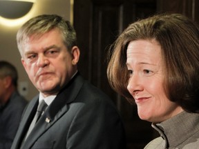 Alberta Premier Alison Redford and New Brunswick Premier David Alward speak with media at McDougall House in downtown Calgary, Alta. on Tuesday, Feb. 5, 2013. The pair were promoting a petroleum relationship between the two provinces. Lyle Aspinall/Calgary Sun