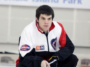 Ontario skip Aaron Squires calls for a shot at the Canadian Junior Curling Championships in Fort McMurray, Alta. (Trevor Howlett/QMI Agency)