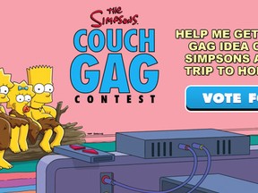 Contributed Graphic
A graphic depicting The Simpsons on Katie Hemming's Facebook page encourages people to vote for her idea as part of the Couch Gag Contest hosted by Global Television. The Port Dover native is one of three finalists in the contest.