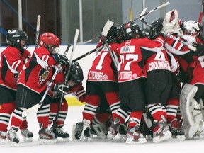The Tweed Novice Hawks celebrate a victory at the International Silver Stick tournament held recently in St. Clair Shores, Mich.