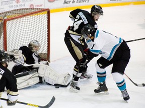 Lindsay forward Dylan Fitze is denied by the left pad of Trenton goaltender Victor Adamo during the Muskies' 4-3 shootout win last Friday at the Lindsay Recreation Complex.